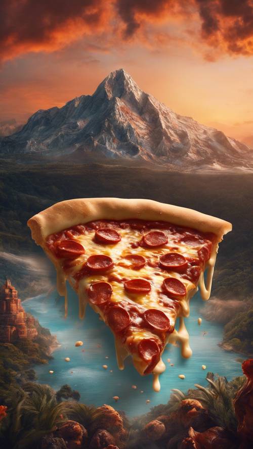 A pizza-topped mountain with molten cheese lava flowing in an enchanted land.