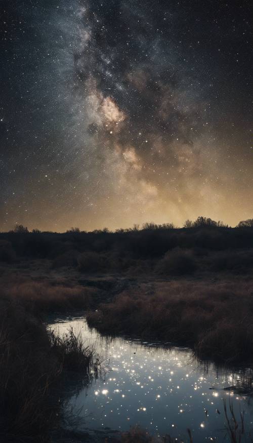 A landscape at night, a black river with reflections of stars flowing through blackened hills.