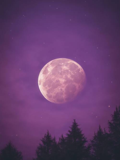 Una luna piena vista attraverso sottili nuvole viola iridescenti in una notte tranquilla.
