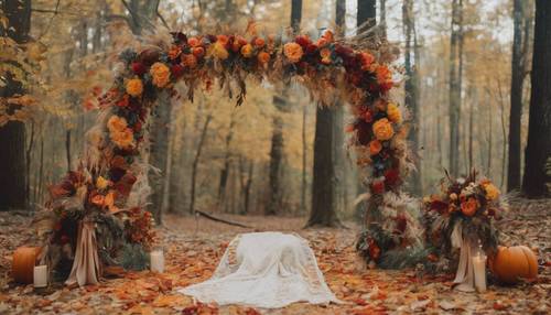 A boho fall wedding scene, with an arch decorated with orange, red, and yellow leaves and flowers in the middle of a forest.