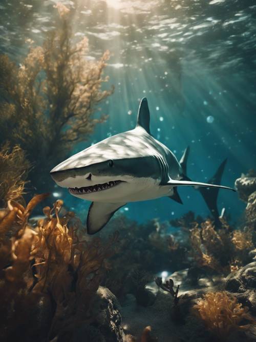 一只可爱的鲨鱼，有着大大的、闪闪发光的眼睛，在水下森林中游动。