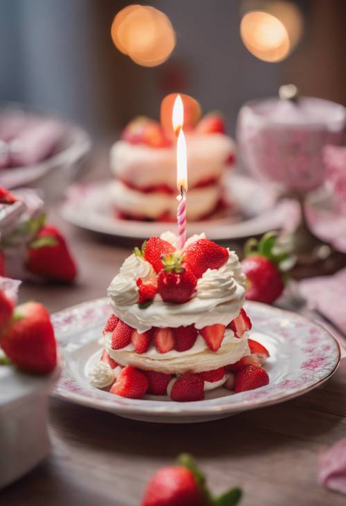 A strawberry shortcake as the centerpiece of a birthday celebration, complete with a single lit candle.