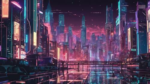 Uma ilustração em estilo anime de uma paisagem urbana futurista à noite com luzes de néon.