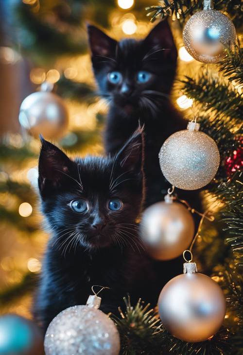 Una coppia di dispettosi gattini neri che giocano con le mani verso le scintillanti decorazioni natalizie su un albero dai colori vivaci.