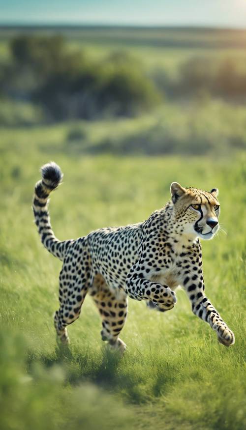 Seekor cheetah hijau yang kuat berlari dengan kecepatan penuh di dataran berumput di bawah langit biru.