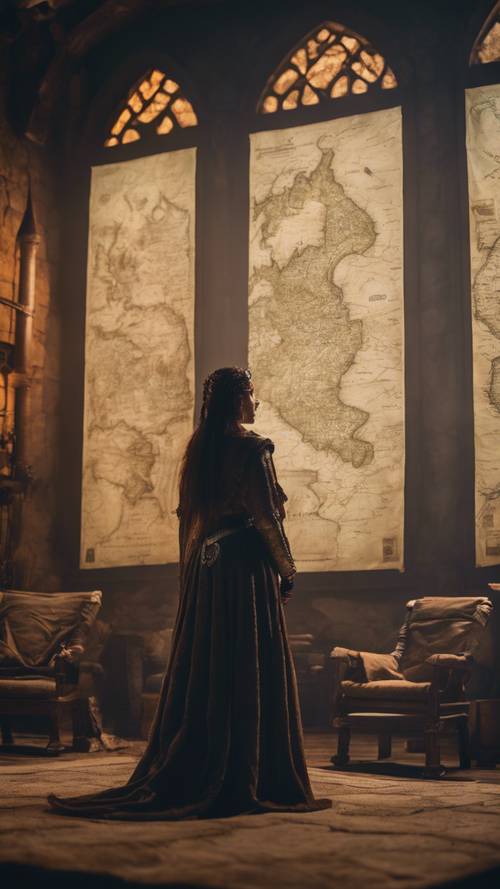 Średniowieczna królowa o poważnej twarzy obserwująca gigantyczną mapę wojenną w słabo oświetlonym pokoju.