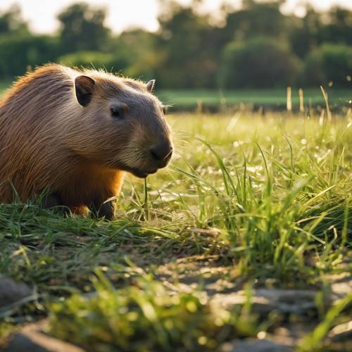 Un capibara che si gode un pasto abbondante a base di erba fresca durante le prime ore del mattino.