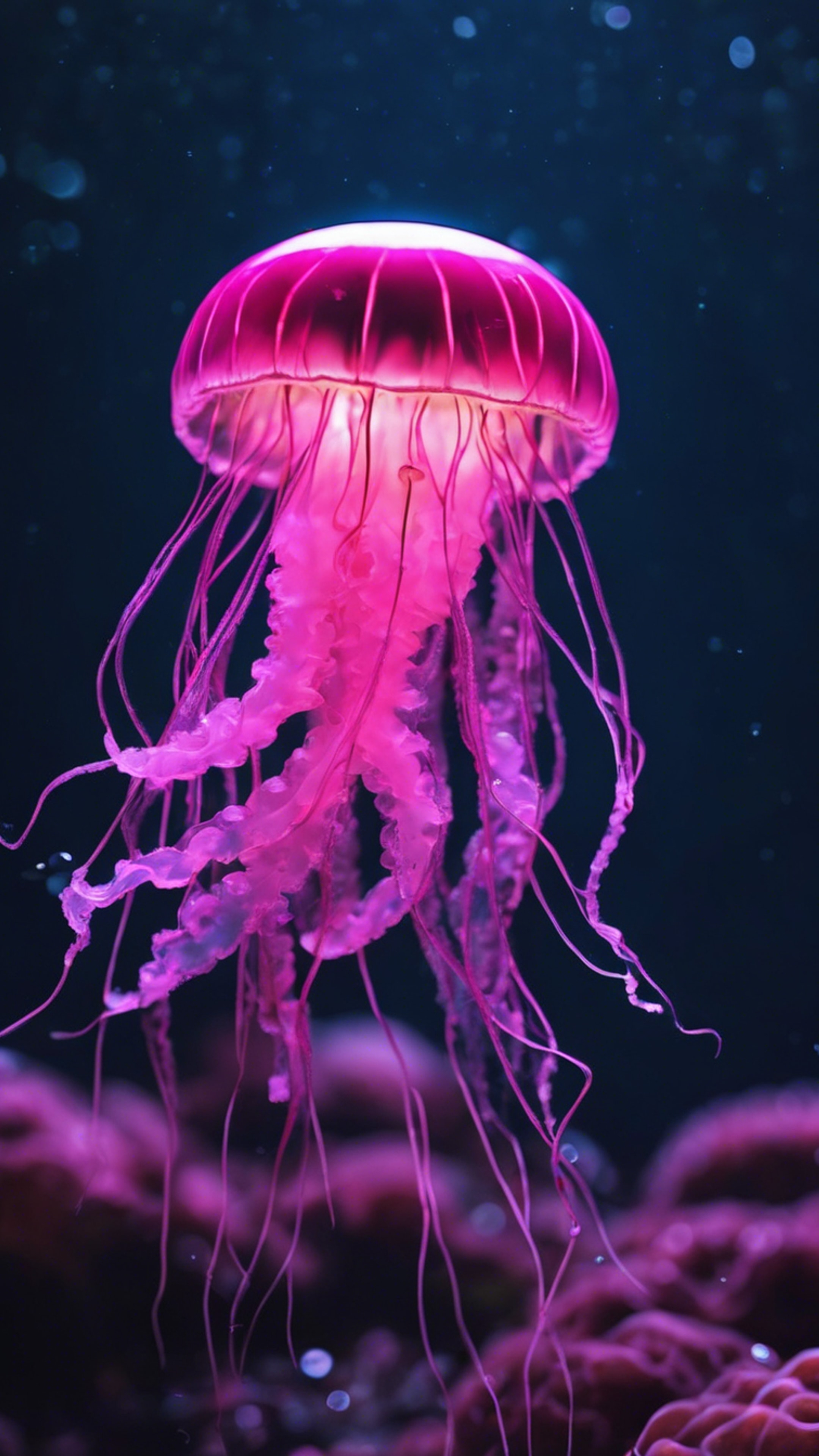 A shimmering neon pink jellyfish calmly floating in the deep sea.壁紙[5c6b7f4aae134a3f9d41]