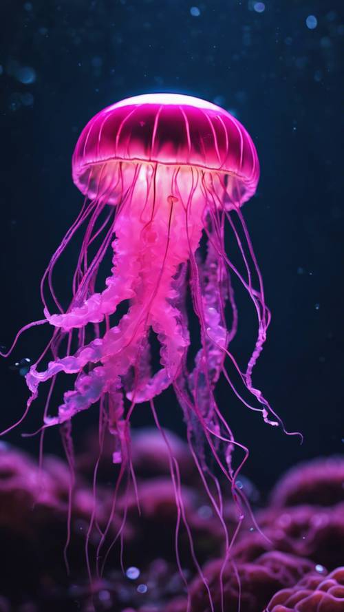 Błyszcząca neonowo różowa meduza spokojnie unosząca się w głębokim morzu.