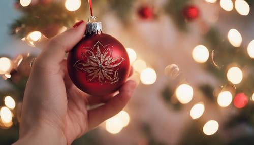 Um close de uma mão decorando uma árvore de Natal com enfeites vermelhos brilhantes.