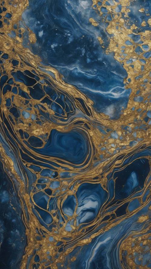 A panorama of an opulent blue marble slab with intricate networks of gold.