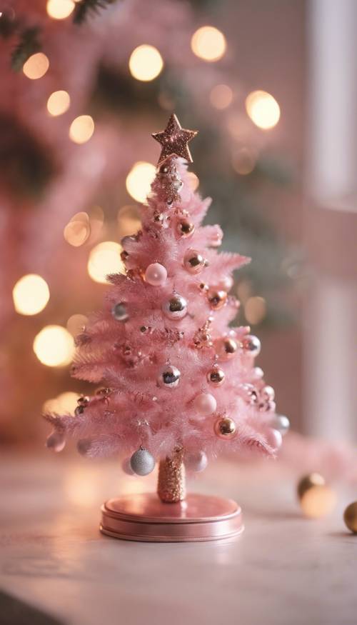 Un adorno de árbol de Navidad de color rosa pastel que refleja una habitación cálida y acogedora.