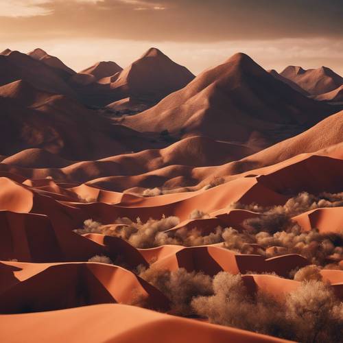 Cool shadows casting over a landscape of terracotta-hued geometric mountains.