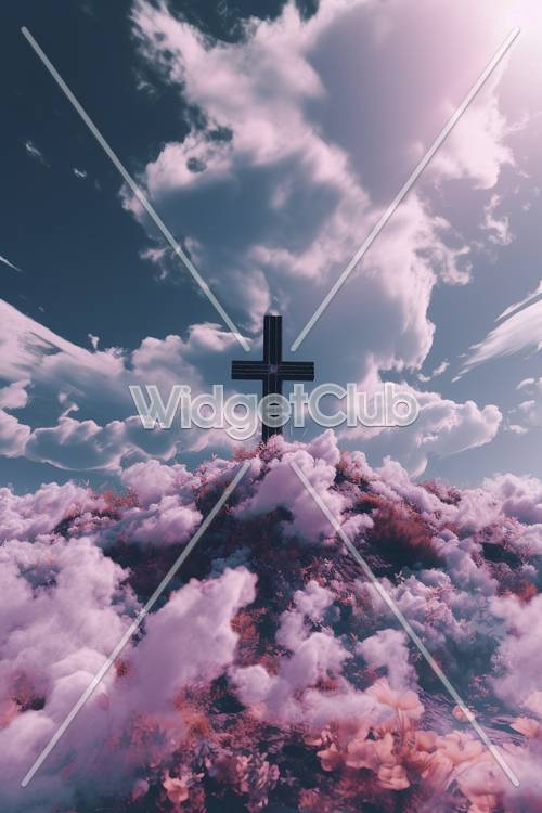 蓝天下粉色和白色蓬松云彩上的十字架