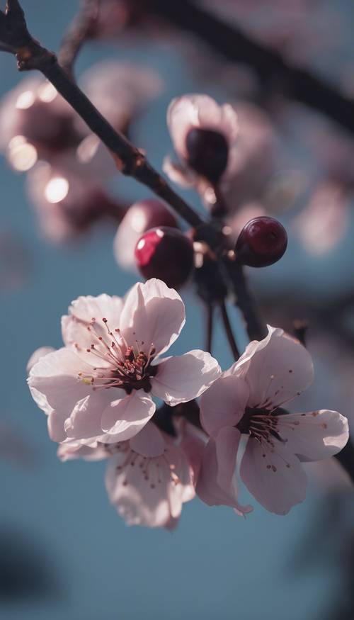 満月の空に対して一本の濃い色の桜の花がアップで見える壁紙