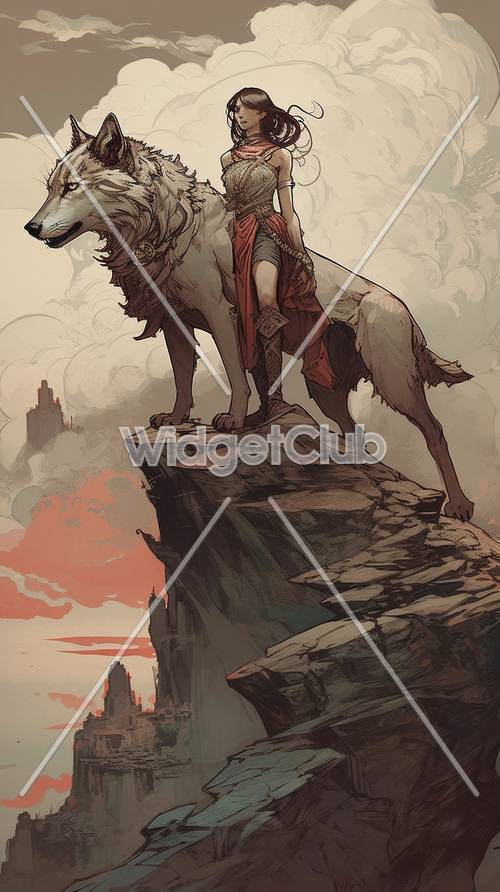 Ragazza e lupo gigante su uno sfondo di avventura sulla scogliera