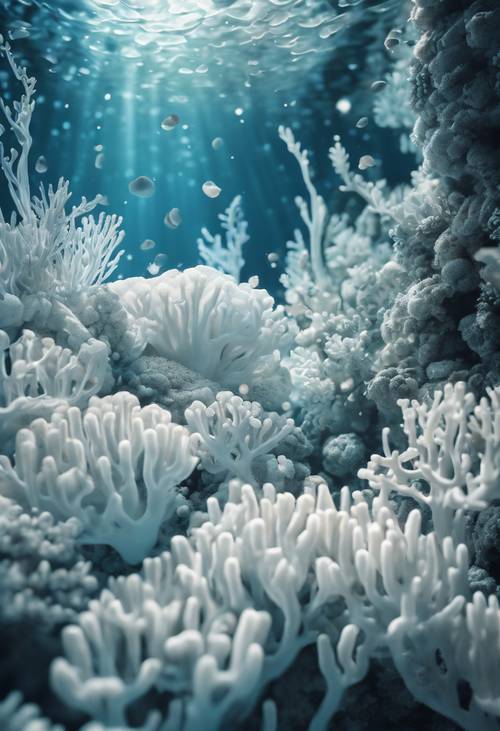 Ein surrealer Unterwassergarten voller blumenähnlicher weißer Korallen, die von einem sanften blauen Schein erhellt werden.