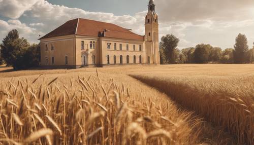 Ein ländliches christliches College inmitten goldener Weizenfelder, unter der strahlenden Mittagssonne.