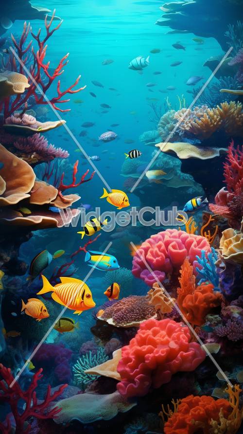 サンゴ礁と熱帯魚のカラフルな壁紙