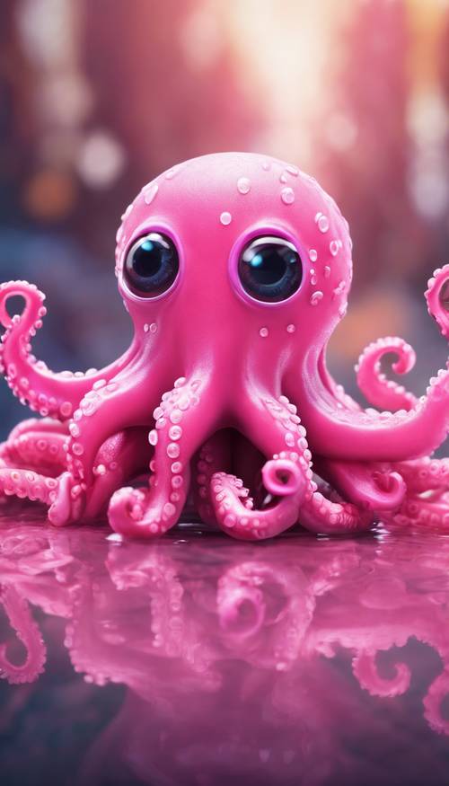 Nghệ thuật kỹ thuật số về một con bạch tuộc dễ thương theo phong cách anime, màu hồng tươi đang nói xin chào.