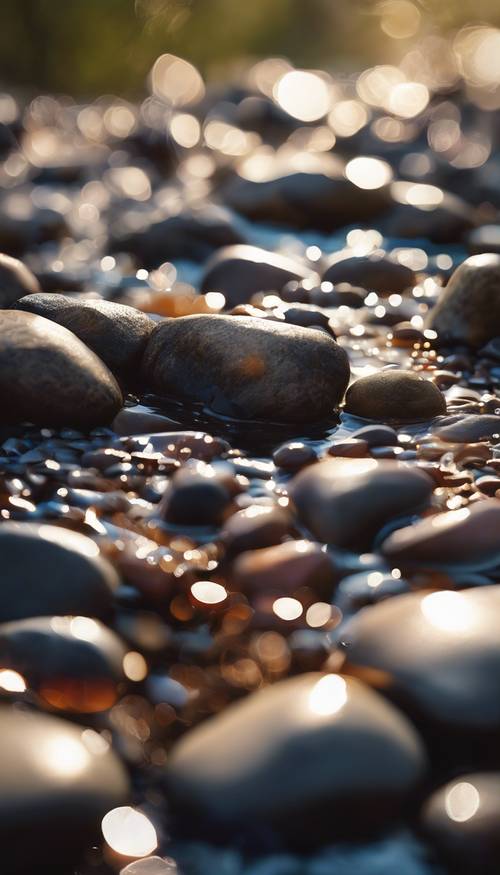 Um riacho claro correndo sobre um leito de pedras.