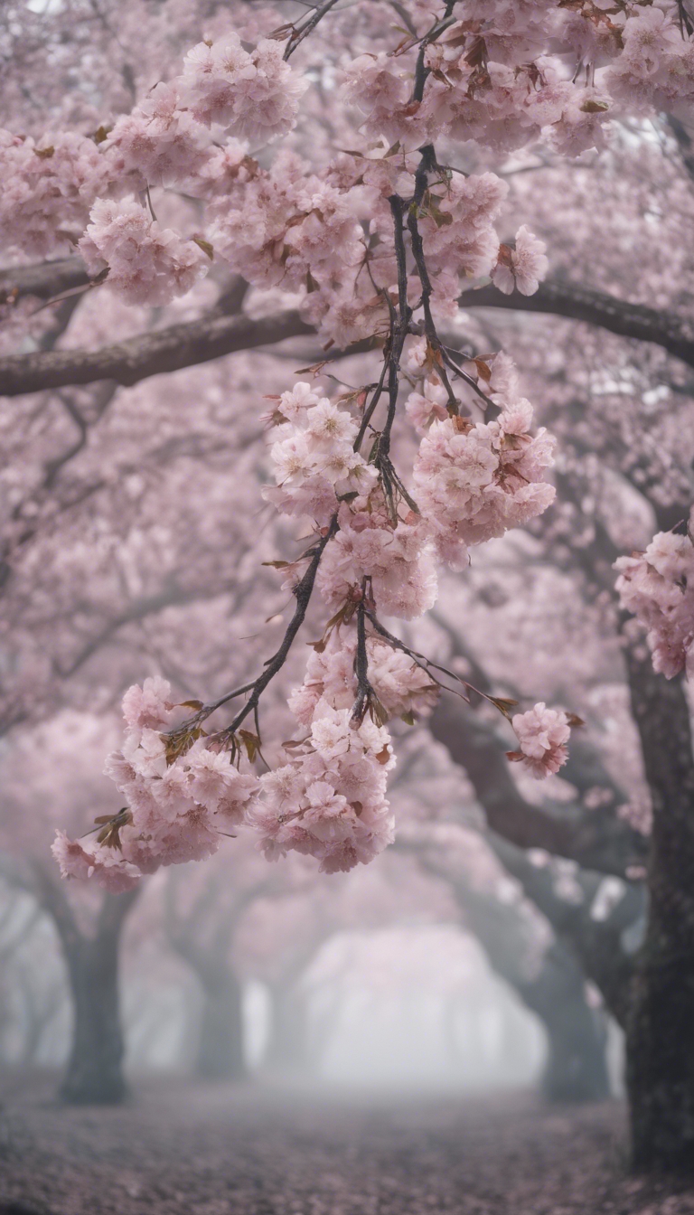 A large cherry blossom tree with pink flowers and gray bark in a misty morning. Wallpaper[ae37e655366641269ecb]