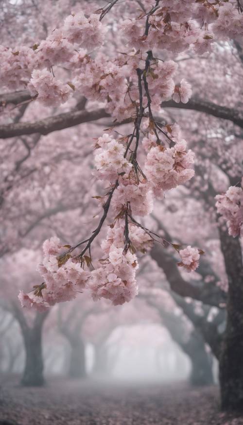 안개 낀 아침에 분홍색 꽃과 회색 나무껍질이 있는 커다란 벚꽃나무.