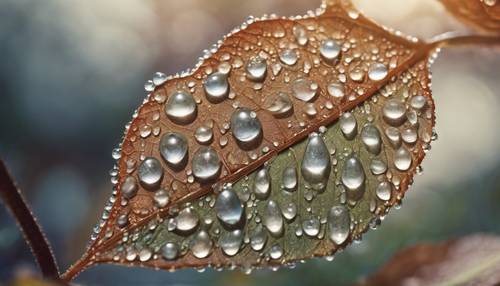 A perfectly symmetrical leaf decorated with pearls as dew drops in the early morning.