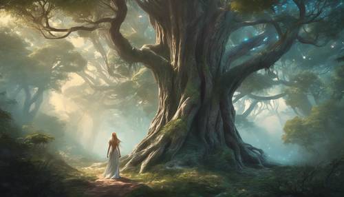 Seorang putri peri cantik berjalan di hutan dengan pepohonan kuno yang raksasa.