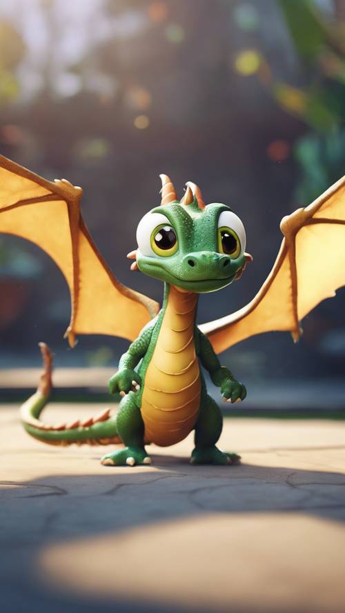 Une caricature d’un dragon avec de grands yeux et un ventre rond, poursuivant sa queue de manière ludique.
