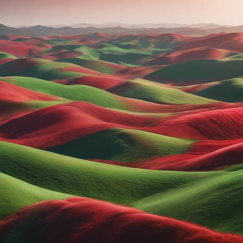 A sweeping panorama of abstract rolling hills in red and green