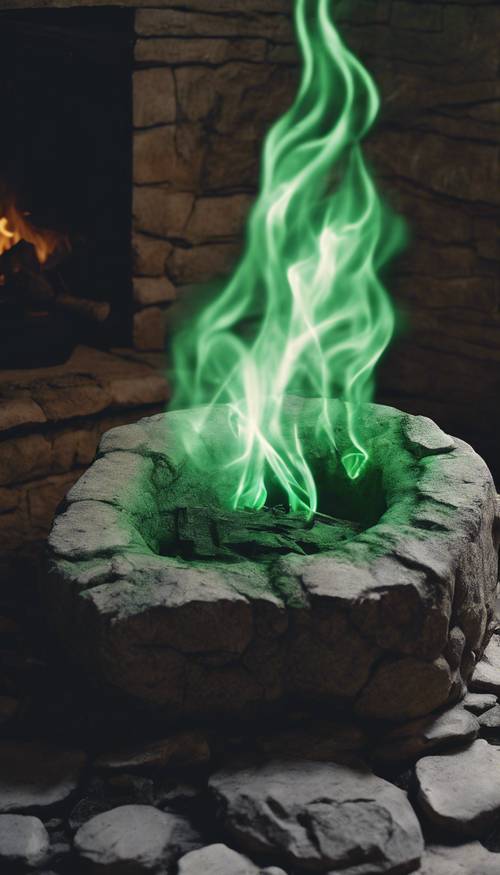 Un&#39;immagine inquietante di fuoco verde che emana da un antico focolare di pietra grigia.