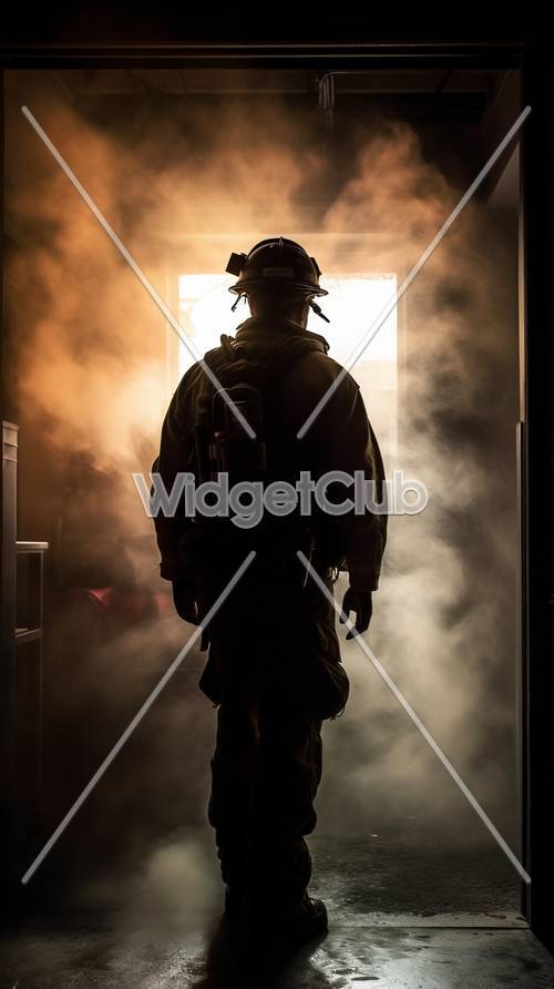 Mysteriöse Silhouette eines Feuerwehrmannes im Rauch