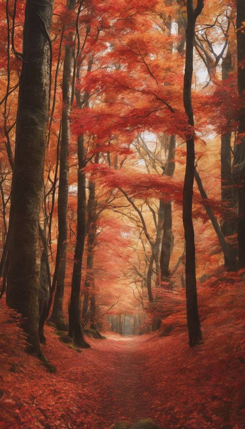 Hutan Jepang yang tenang saat puncak musim gugur dengan dedaunan merah dan emas.