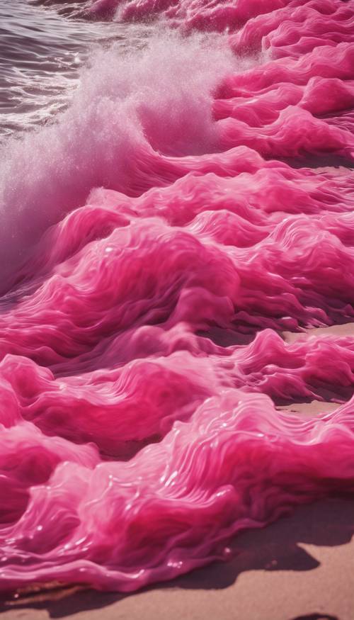 Ein abstraktes Design, das an leuchtend rosa Wellen erinnert, die an einen Strand schlagen.