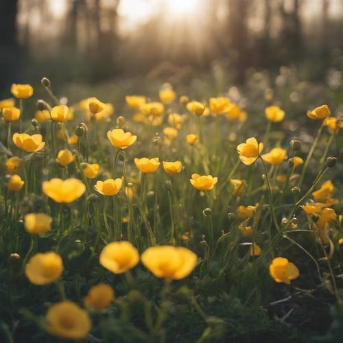A dreamy spring garden filled with playful buttercups dancing in the early morning light.