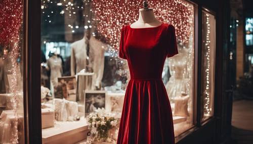 A vintage red velvet dress displayed in a boutique's front window with twinkling lights.