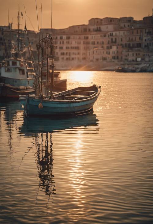 A rustic scene of a small vintage Italian fishing boat at sunrise, anchored in a serene mediterranean harbour