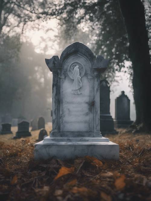 霧の立ち込めた墓地にある白い大理石の墓石の壁紙