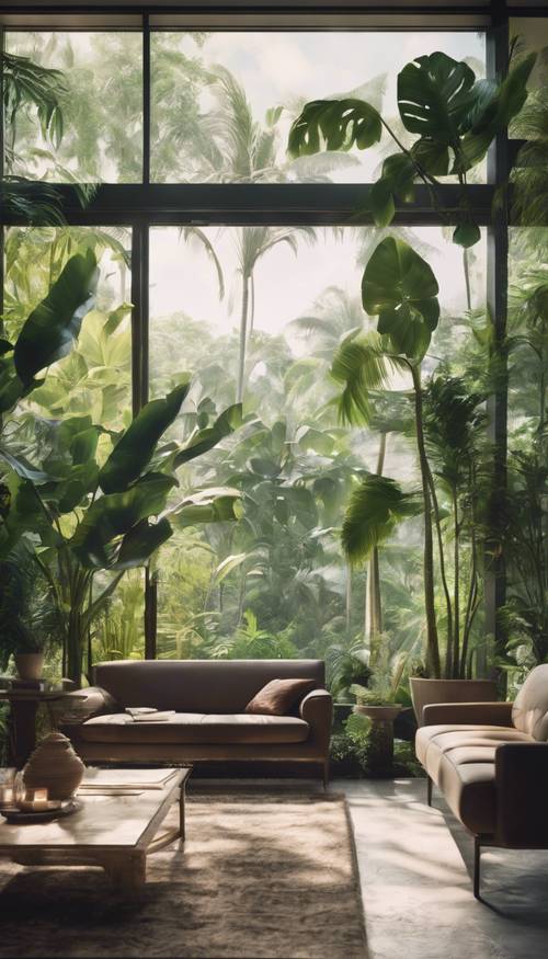 现代化的热带客厅，透过大玻璃窗，可以看到外面郁郁葱葱的绿色植物。
