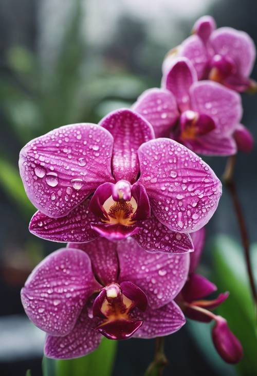 Zbliżenie gorącej różowej orchidei z kroplami rosy na płatkach wczesnym rankiem