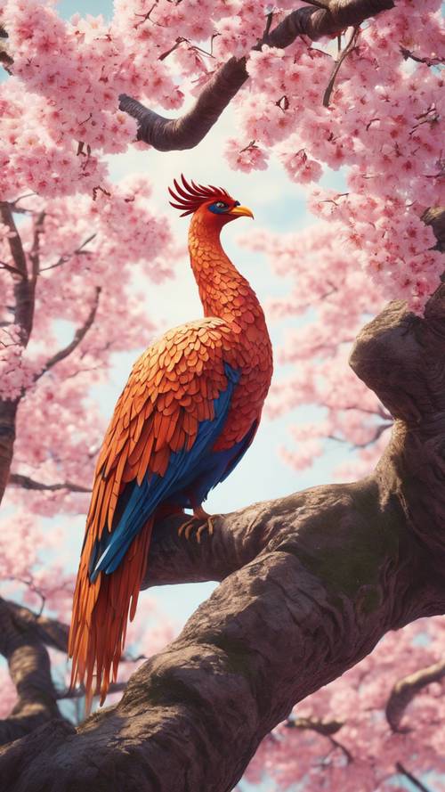 日本の桜の木の下で座る神秘的な鳥、鳳凰の壁紙