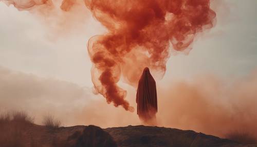 A phantom figure formed from orange and red smoke sauntering through an ethereal dreamscape. Tapeta [c1db511d6f314fde888b]