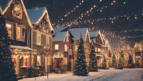 A snowy street scene with charming houses adorned with twinkling Christmas lights leading up to a towering, illuminated town Christmas tree.