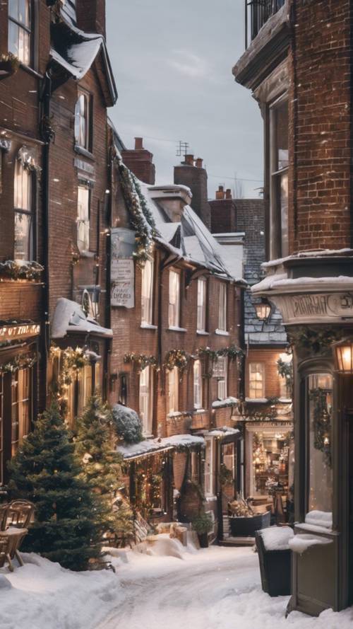Una classica scena natalizia dickensiana con case in stile vittoriano e strade coperte di neve.