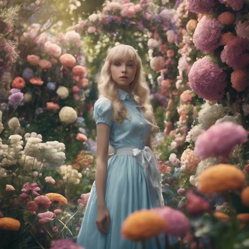 Alice navigating through a garden of live flowers who are talking to her. Divar kağızı [fa6ed5ddacb149fcbc79]