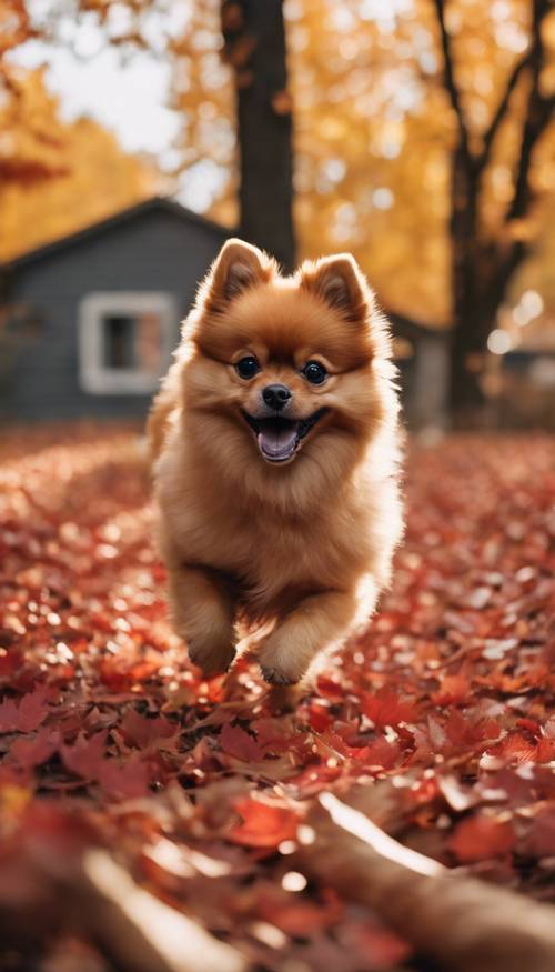 Un pomeraniano marrone chiaro che corre giocosamente selvaggiamente intorno a un cortile pieno di foglie di acero rosse appena cadute.