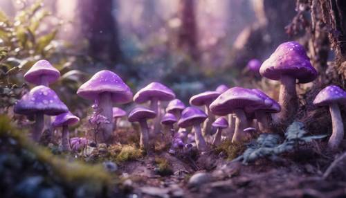 보라색 외계 버섯과 식물로 가득한 어린이의 상상력이 풍부한 풍경을 그린 수채화