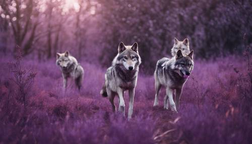 Un grupo de cachorros de lobo en diferentes tonos de morado retozando.