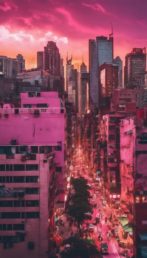 在繁華的城市天際線背景下，充滿活力的粉紅色日落。